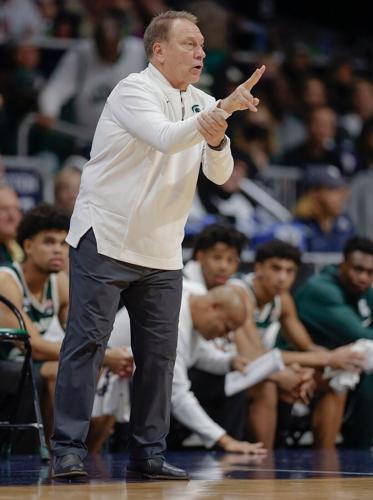 Head coach Tom Izzo of the Michigan State Spartans reacts during the second half against the Butler Bulldogs at Hinkle Fieldhouse on Nov. 17, 2021, in Indianapolis.