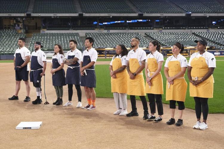 The "cheftestant" teams during the elimination challenge in the "Sausage Race" episode