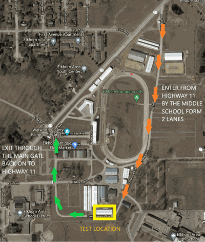 Map indicates entrance and exit areas for COVID testing at Walworth County Fairgrounds