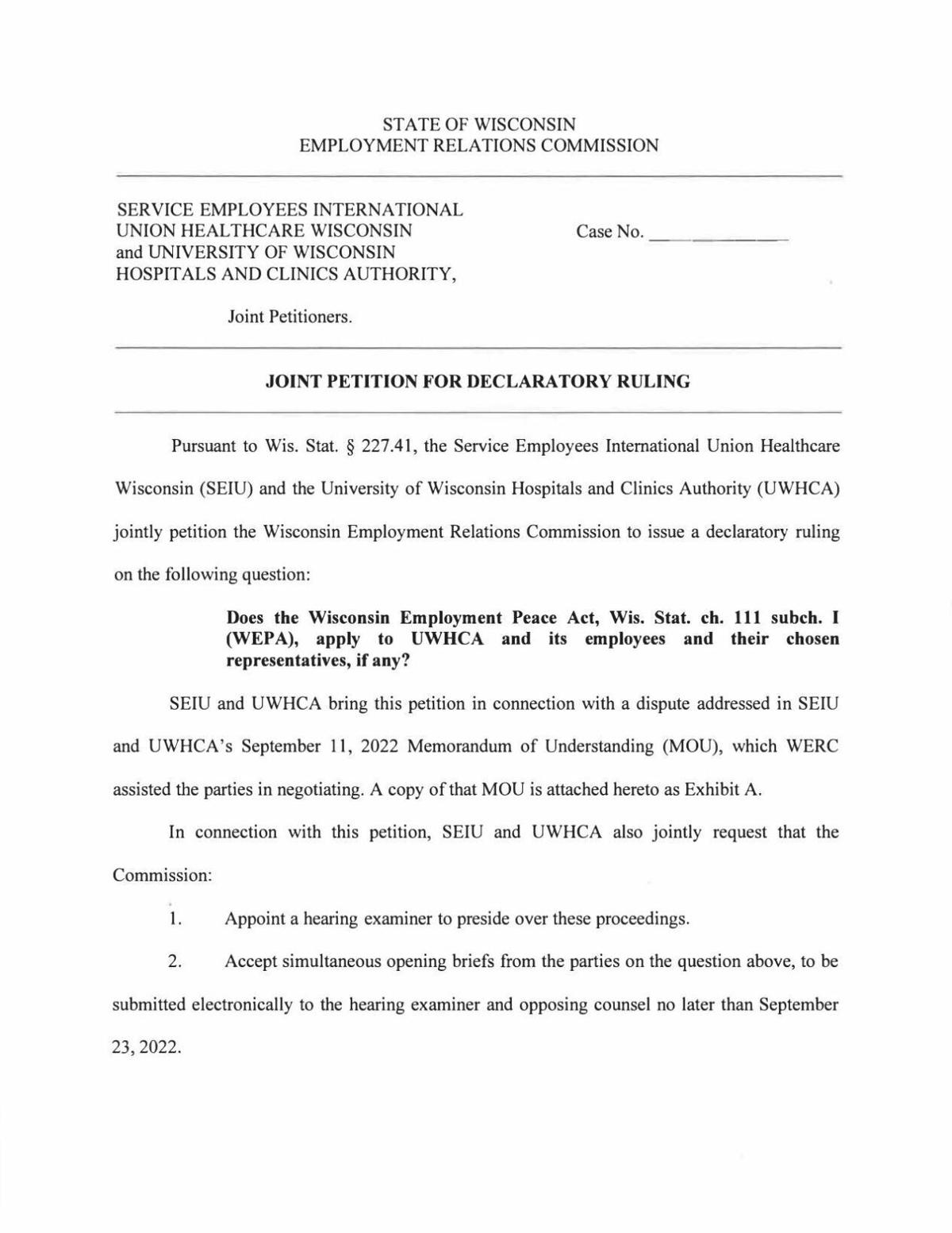 Joint petition from UW Health, SEIU