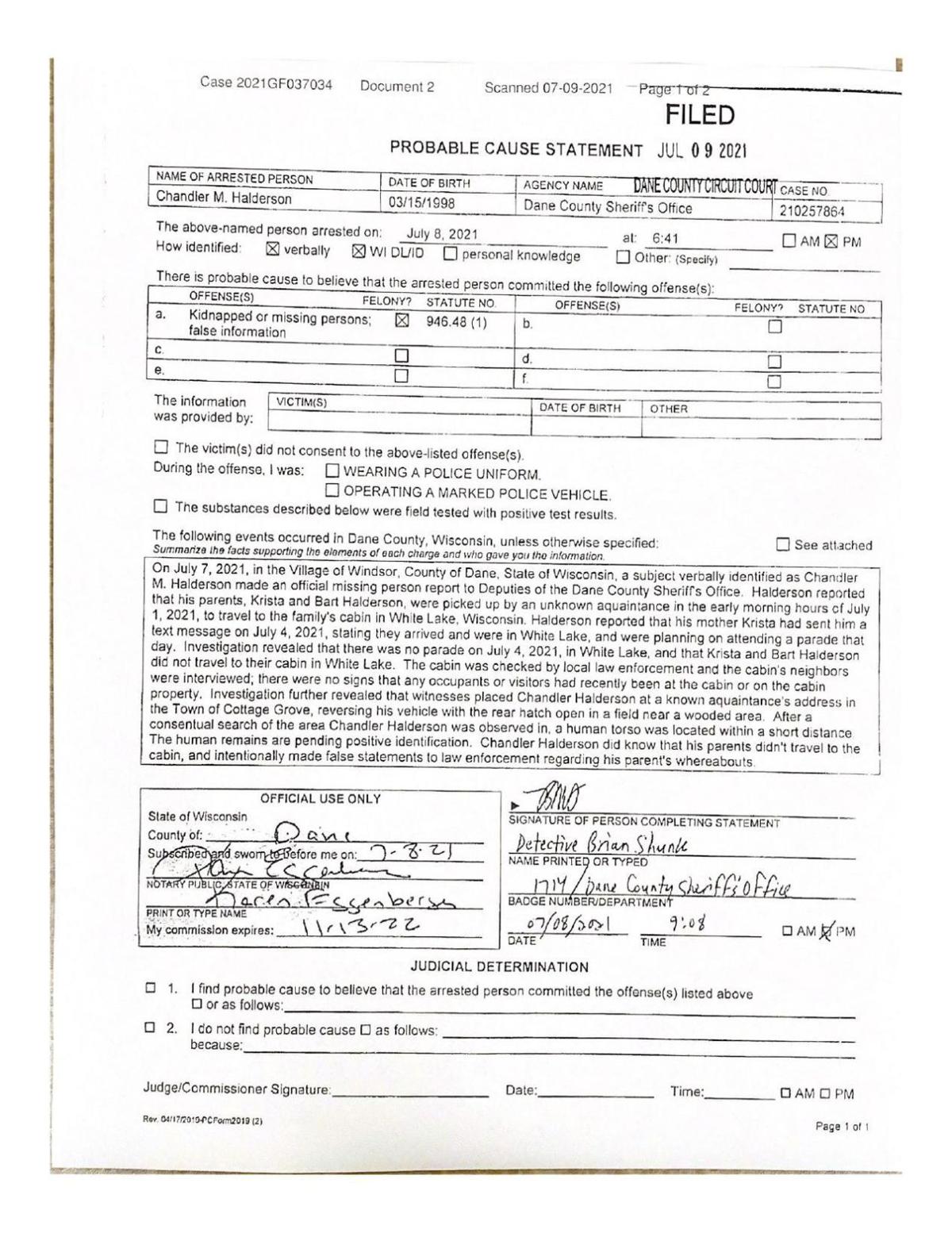 Probable cause statement in Halderson death