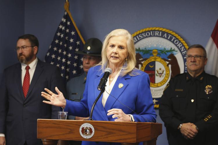 Missouri Attorney General Catherine Hanaway announces criminal charges against a convenience store operator in Greene County for housing video lottery terminals at a news conference in Springfield on Wednesday, March 18, 2026.