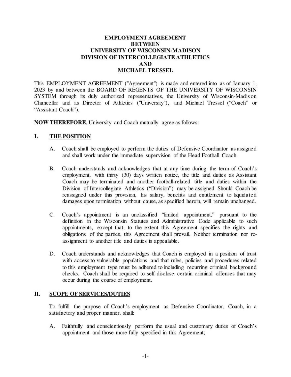 Mike Tressel Wisconsin football assistant coach contract