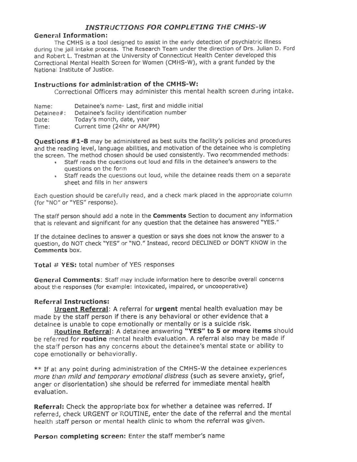 McLean County Jail Mental Health Intake for Women