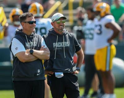 Green Bay Packers general manager Brian Gutekunst and head coach Matt LaFleur talk during practice on Monday, Aug. 3, 2026, at