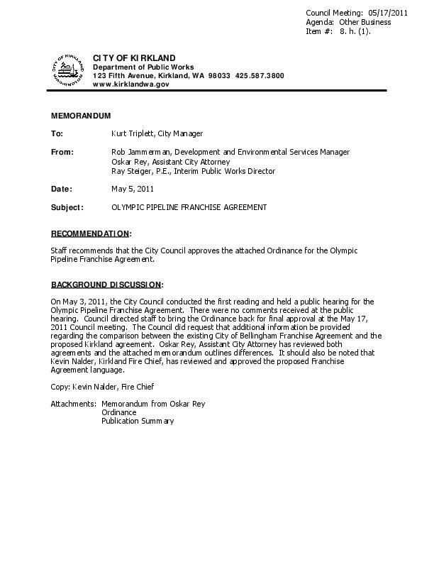 Kirkland, WA, staff memo on pipeline spill insurance