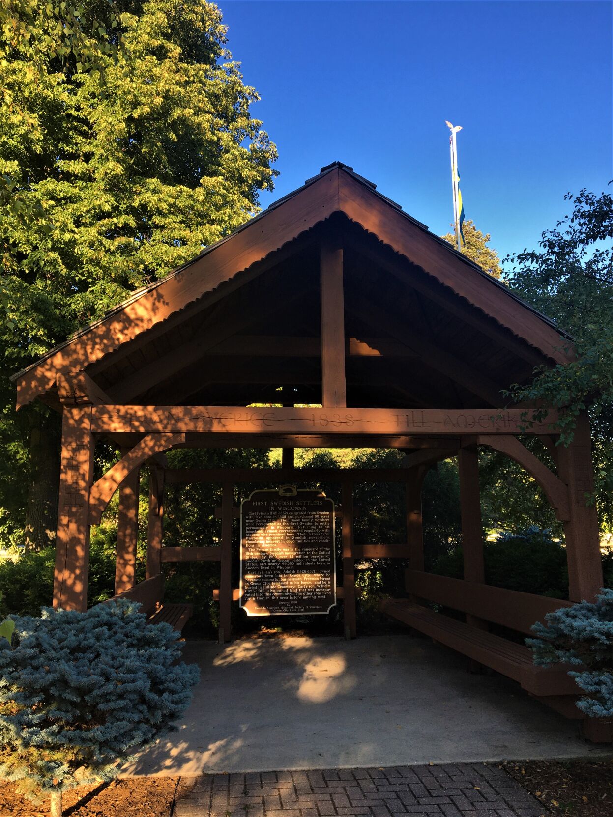 "First Swedish Settlers in Wisconsin" historical marker at Veterans Memorial Park, 700 Fellows Road, Genoa City