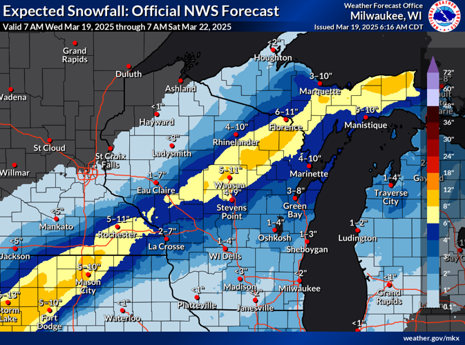 NWS expected snowfall through 7 a.m. Saturday