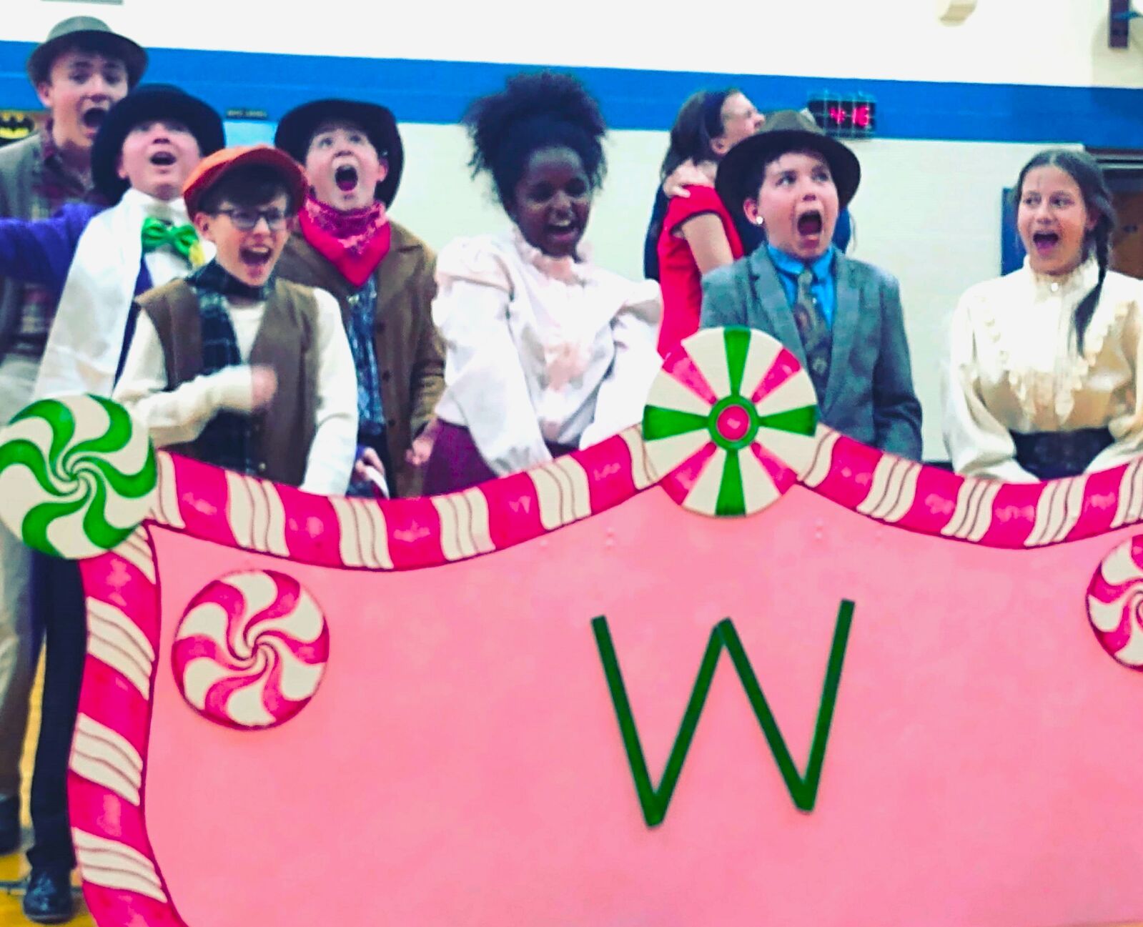 Touring the Willy Wonka chocolate factory in the April 21-22, 2023 Reek Elementary School production of "Willy Wonka Jr."