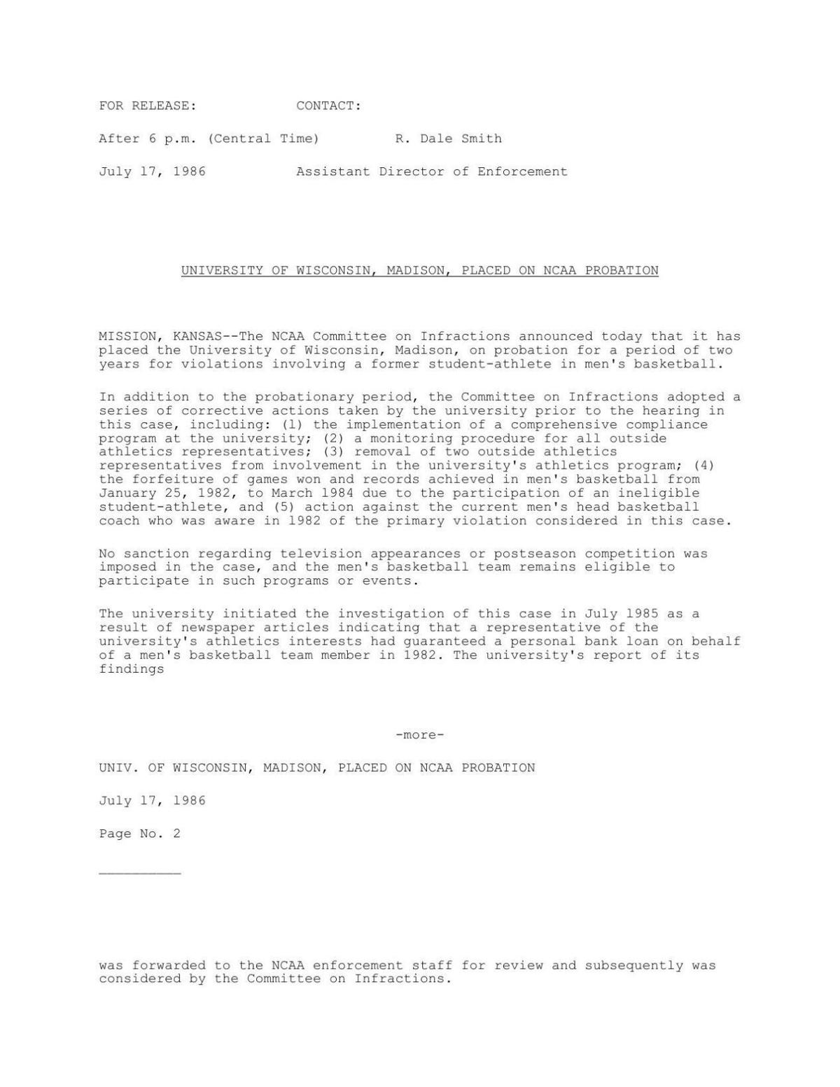 Wisconsin NCAA violation report, July 17, 1986