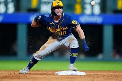 Sal Frelick reacts, Brewers-Rockies, USA Today Network photo
