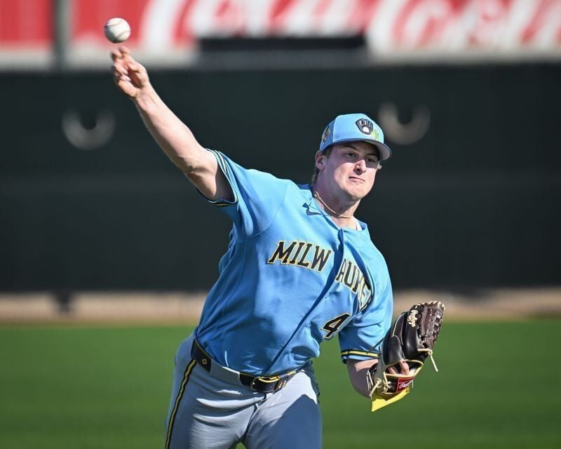 Milwaukee Brewers pitcher Quinn Priester (46) throws in the outfield during spring training workouts Saturday, February 14, 2026, at American Family Fields of Phoenix in Phoenix, Arizona.