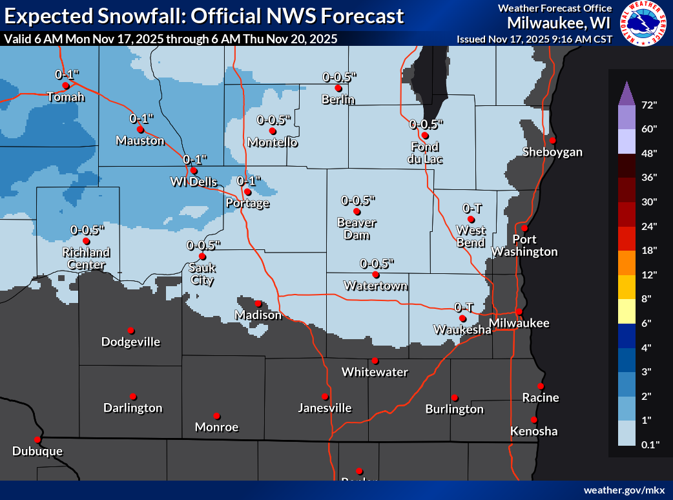 NWS expected snow totals 11-17-25 and 11-18-25