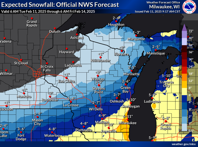 NWS expected snowfall through 6 a.m. Friday
