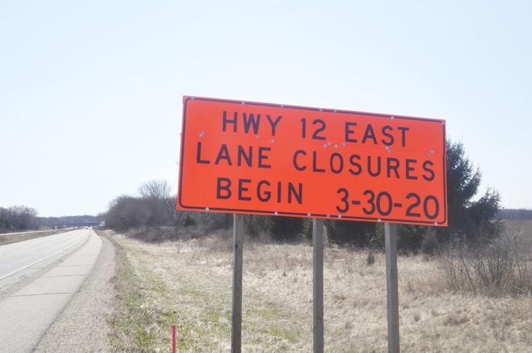 Road sign in construction site along U.S. Highway 12