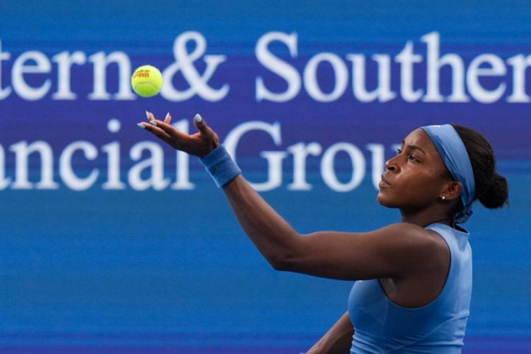 Coco Gauff serves against Liudmila Samsonova during the Cincinnati Open at Lindner Family Tennis Center.