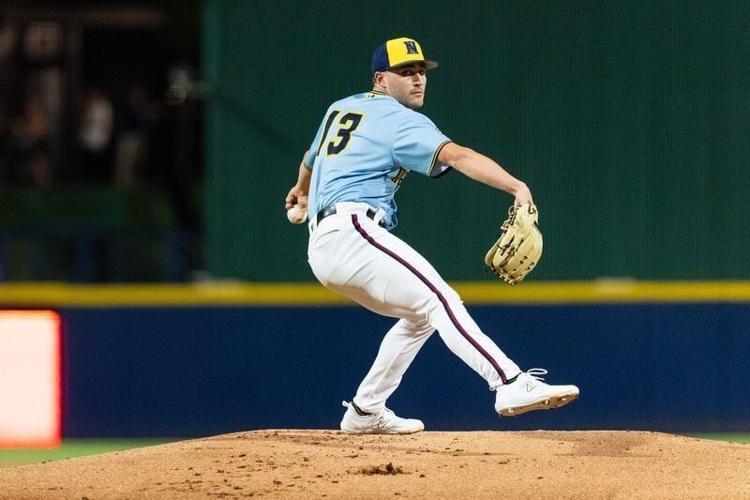 Tate Kuehner throws a pitch for the Nashville Sounds in 2026. The left-hander worked four of the seven no-hit innings for Nashville in a win over Norfolk on Aug. 23, 2026.