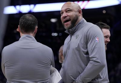 Milwaukee Bucks assistant coach Darvin Ham is shown during the first half of their game Thursday, November 7, 2024 at Fiserv Forum in Milwaukee, Wisconsin. The Milwaukee Bucks beat the Utah Jazz 123-100.