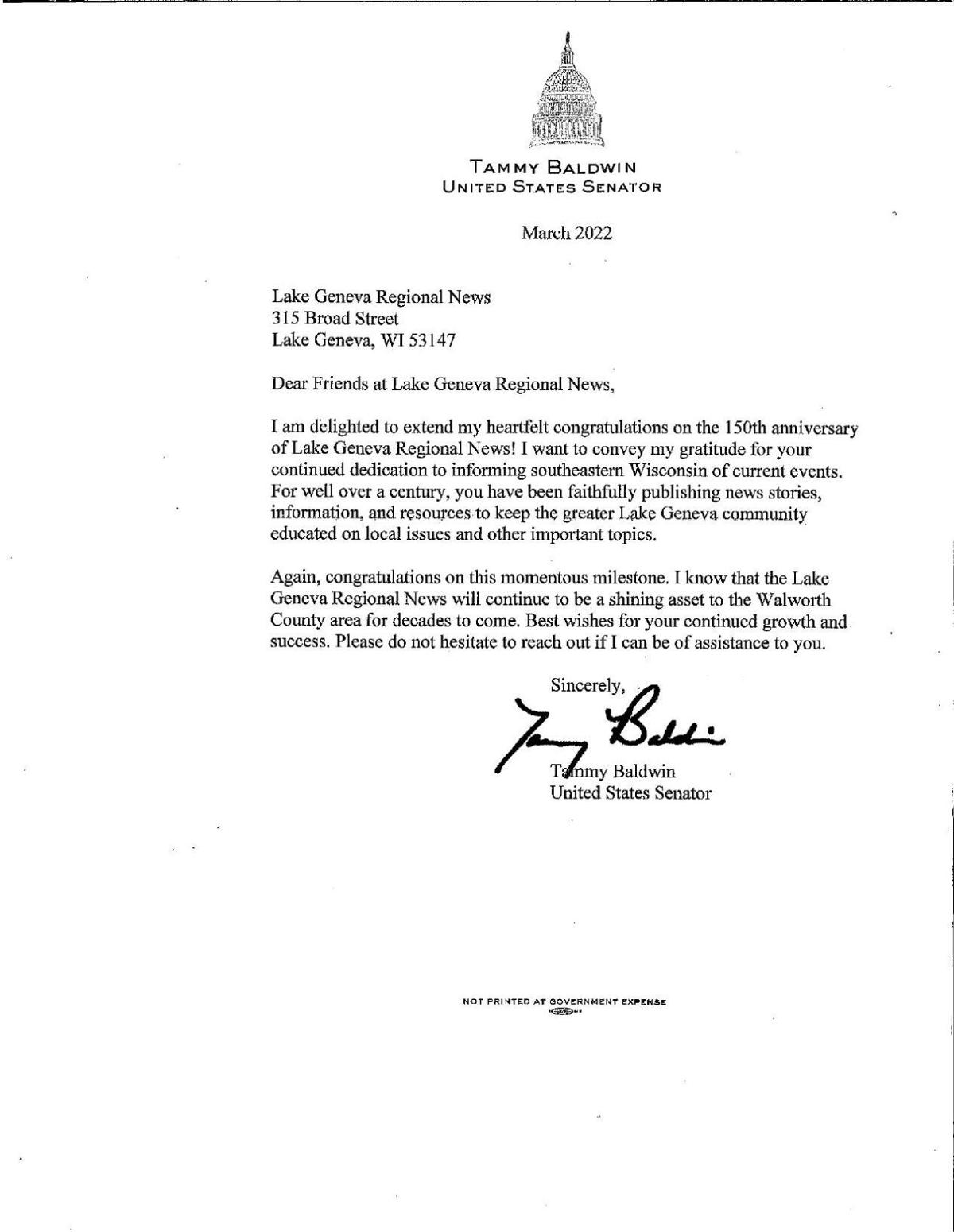 Letter from Sen. Baldwin