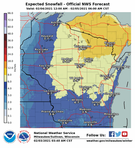 Expected statewide snowfall by National Weather Service