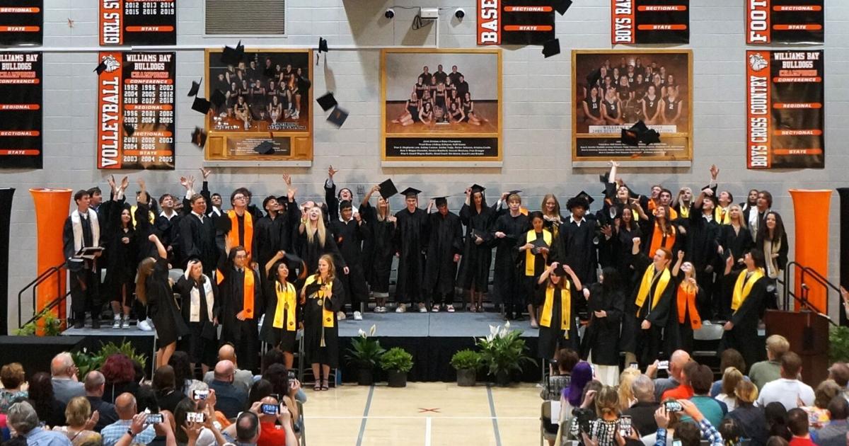 Graduates toss their mortarboards in celebration at the Williams Bay