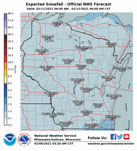 Expected snowfall Thur-Fri by National Weather Service