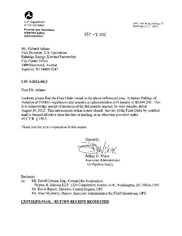 Final PHMSA order on Enbridge Michigan spill