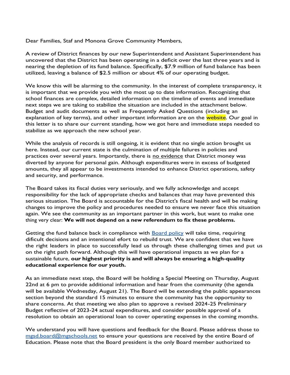 Letter from Monona Grove School Board