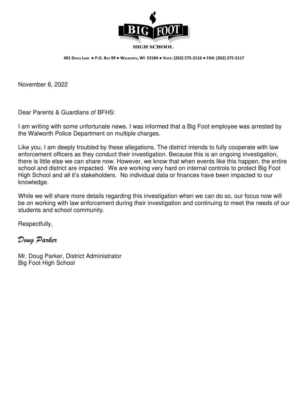 Letter to Big Foot parents 11-8-22