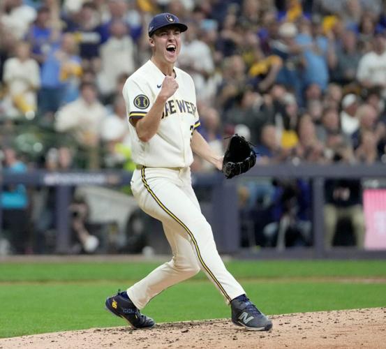 Milwaukee Brewers pitcher Jacob Misiorowski (32) reacts to the final out of the fourth inning of their National League