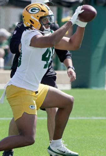 Green Bay Packers tight end Drake Dabney (49) is shown during the first day of training camp Wednesday, July 29, 2026 in Green