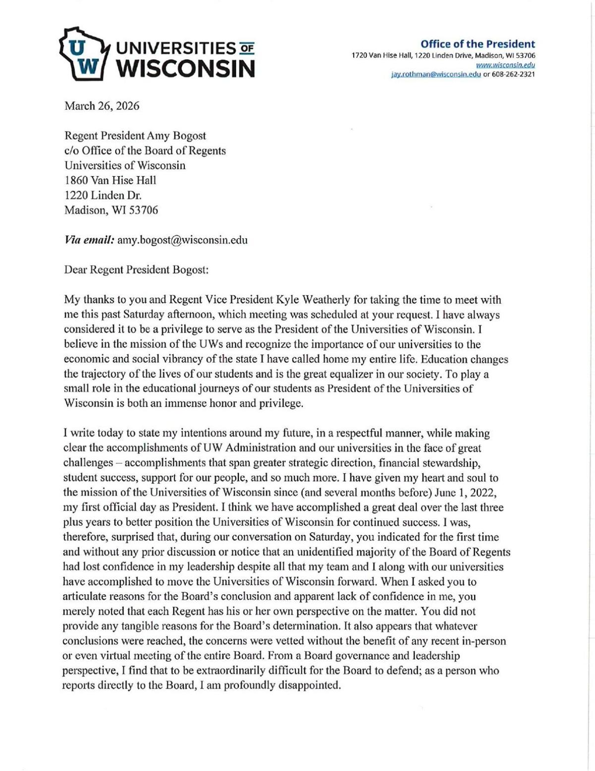 UW System President Jay Rothman March 26 letter to Regent Amy Bogost