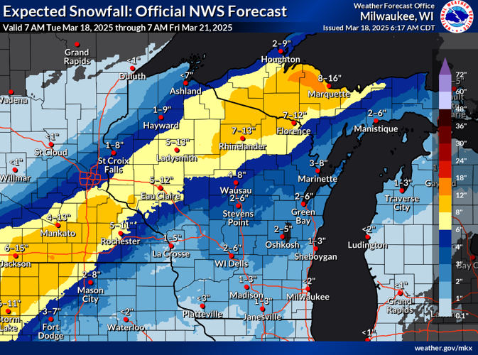 NWS expected snowfall through 6 a.m. Friday