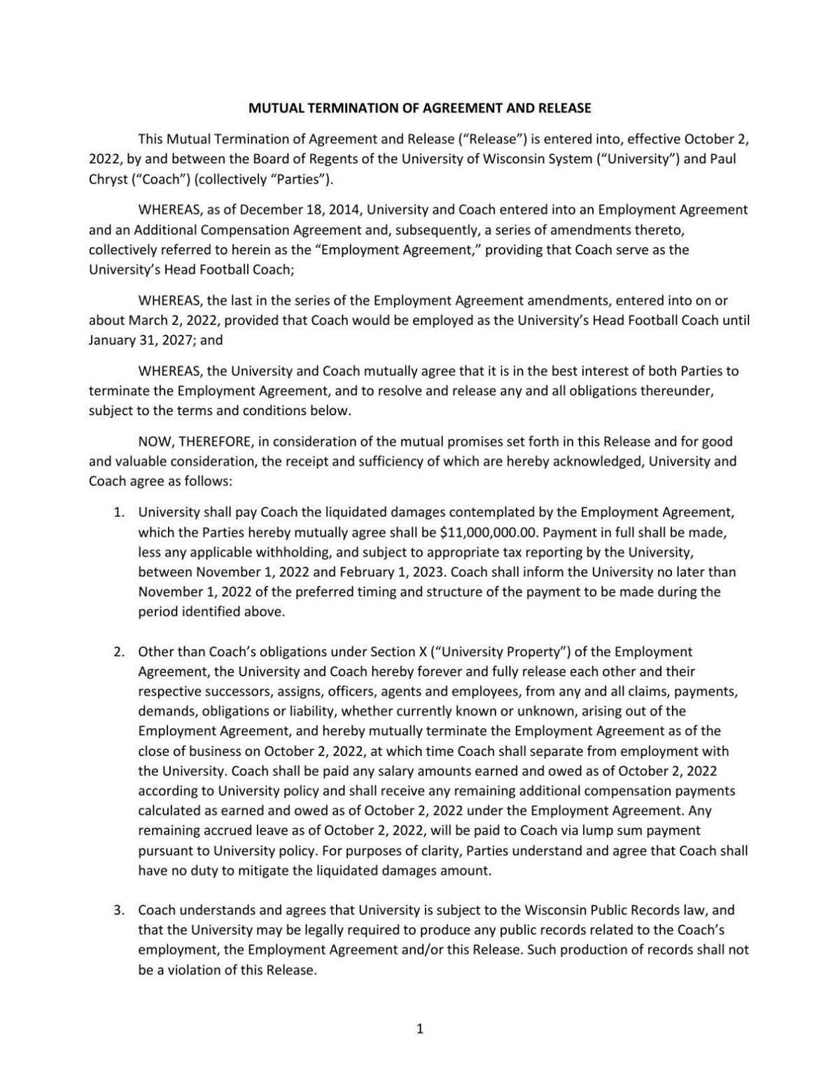 Paul Chryst mutual termination of agreement and release