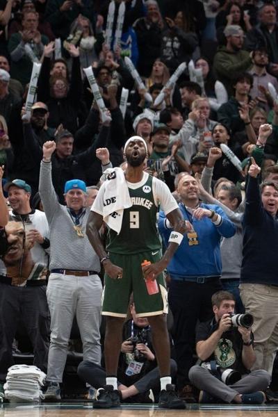 Milwaukee Bucks forward Bobby Portis (9) celebrates the Bucks’ win at Fiserv Forum in Milwaukee, Wisconsin, on the evening of Dec. 3, 2025. The Bucks defeated the Pistons 113-109.