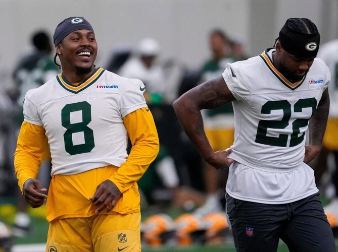 Green Bay Packers running back Josh Jacobs (8) laughs during practice on Tuesday, June 2, 2026, at the Don Hutson Center in