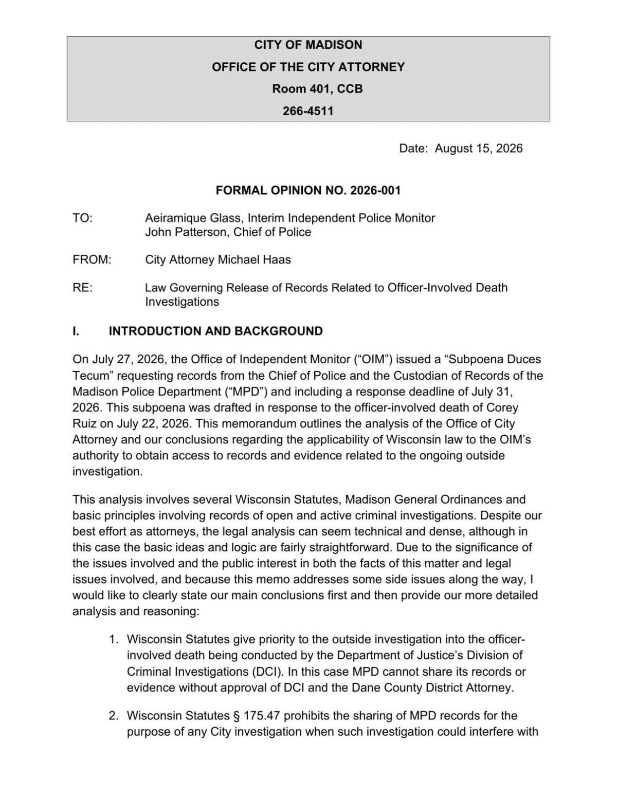 Madison city attorney OIM opinion