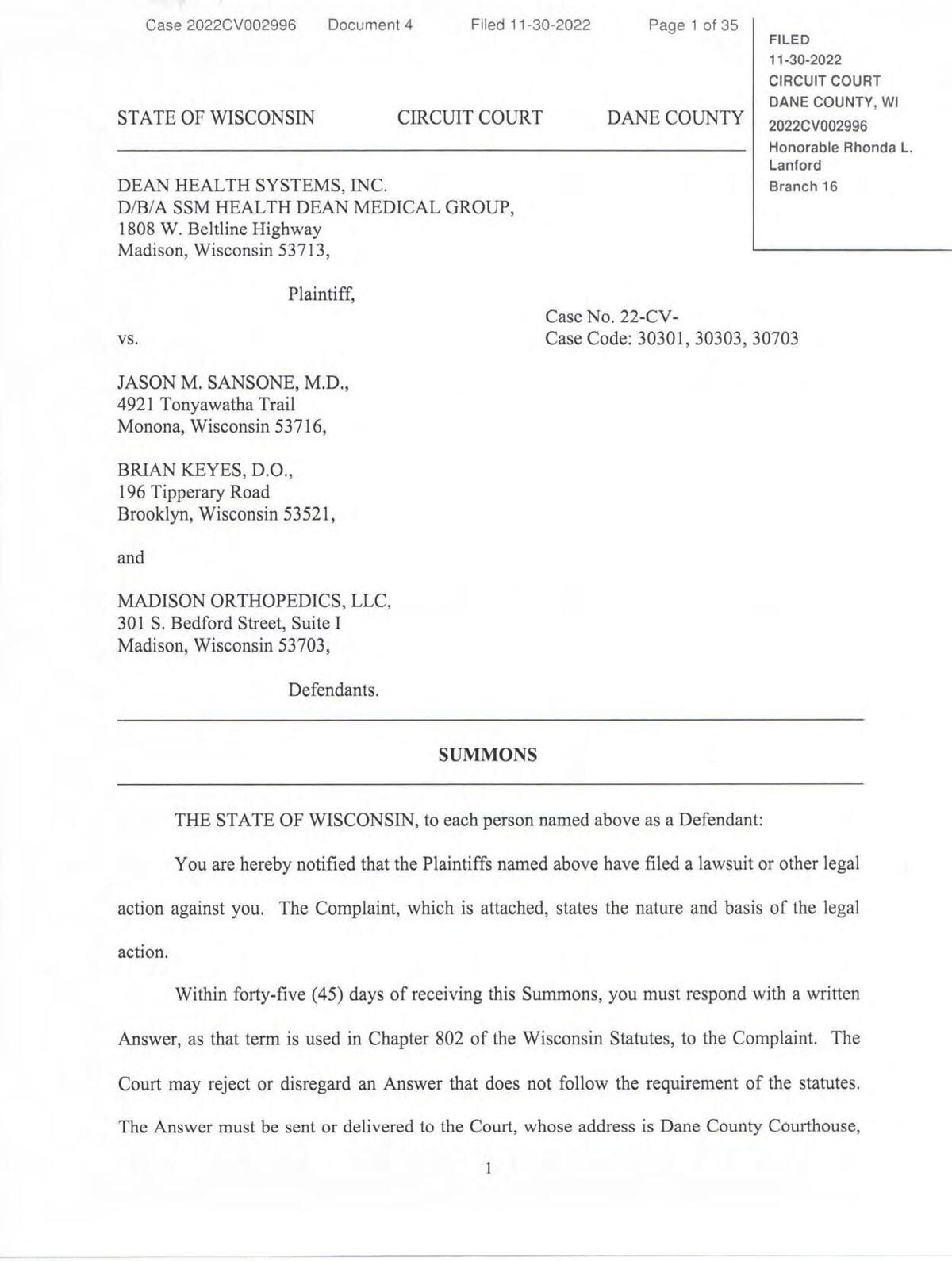 SSM Health Dean lawsuit against orthopedic surgeons