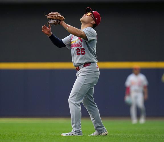 Milwaukee Brewers shortstop David Hamilton (6) pops out to St. Louis Cardinals second baseman JJ Wetherholt (26) during the