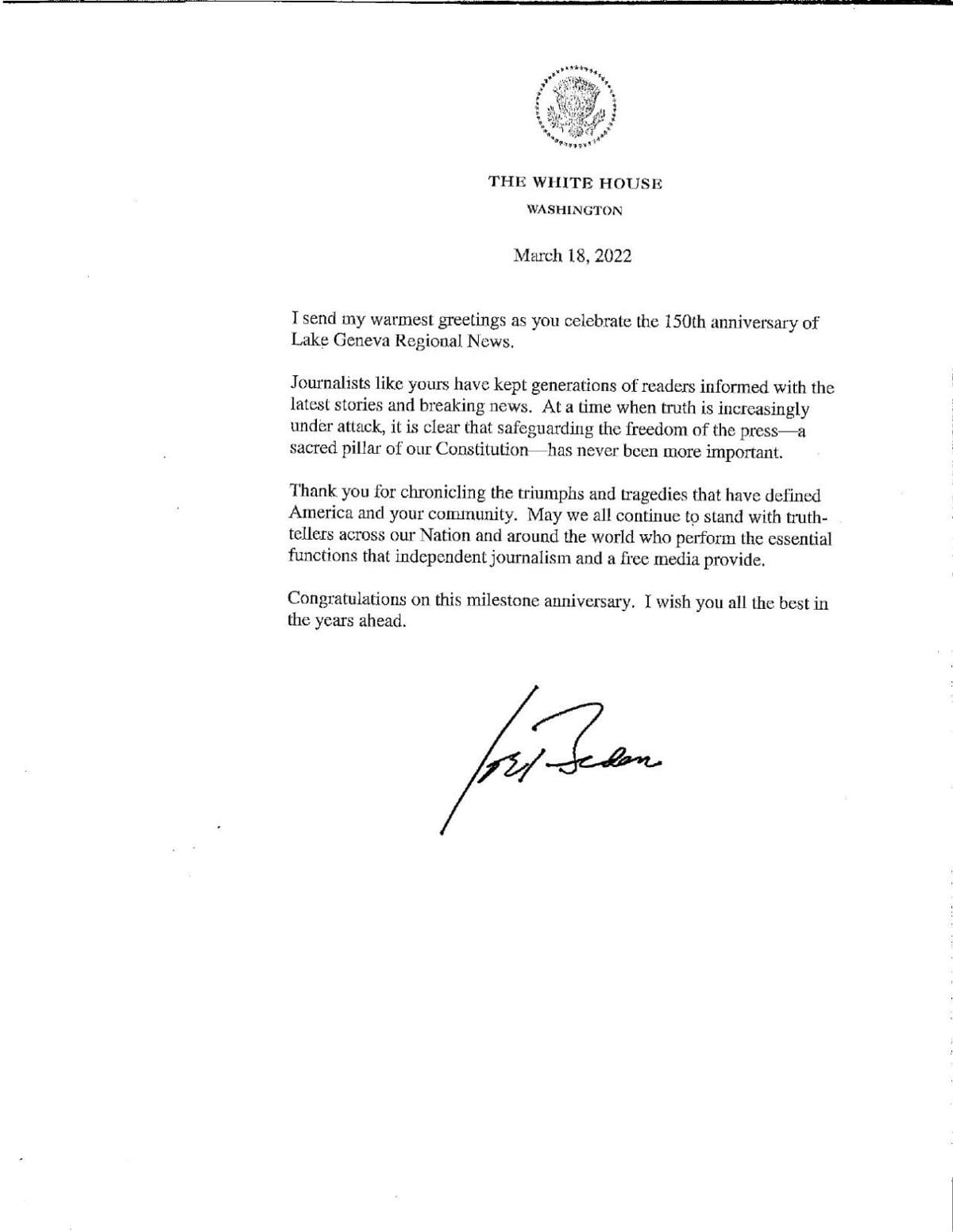 Letter from President Joe Biden