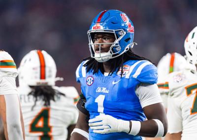 Jan 8, 2026; Glendale, AZ, USA; Mississippi Rebels linebacker Princewill Umanmielen (1) against the Miami Hurricanes during the 2026 Fiesta Bowl and semifinal game of the College Football Playoff at State Farm Stadium. Mandatory Credit: Mark J. Rebilas-...