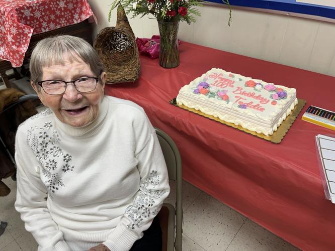 Theodora Lottig Kasch shares a smile during her 100th birthday celebration.