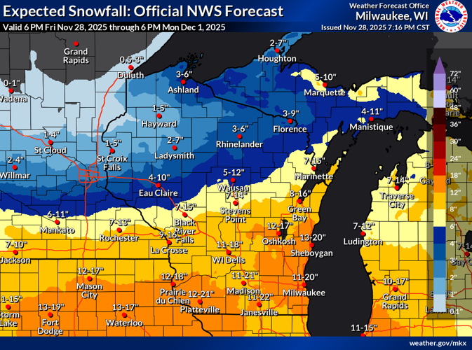 NWS expected snow totals through 6 a.m. Monday