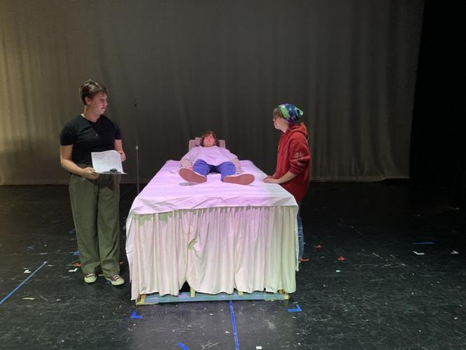 Badger High School students Erin Hensler, Tom McEneany and Kit Fleck rehearse a scene
