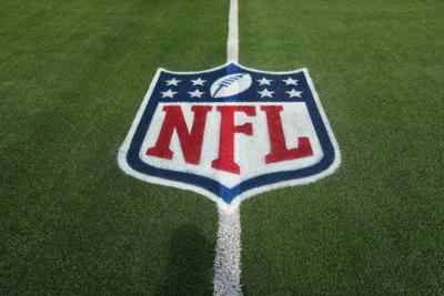 The NFL shield logo on the field at SoFi Stadium.