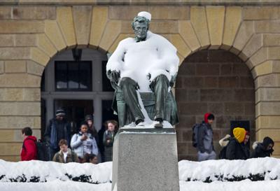 Snow covers Abe Lincoln statue at UW. State Journal photo (copy)