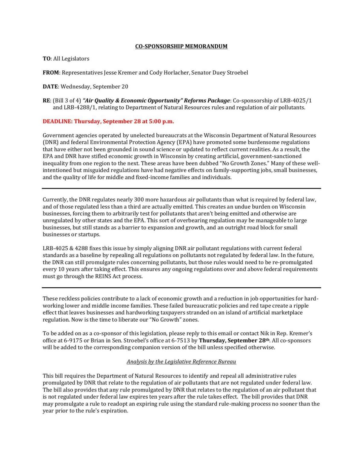 Memo seeking co-sponsors for air pollution bill