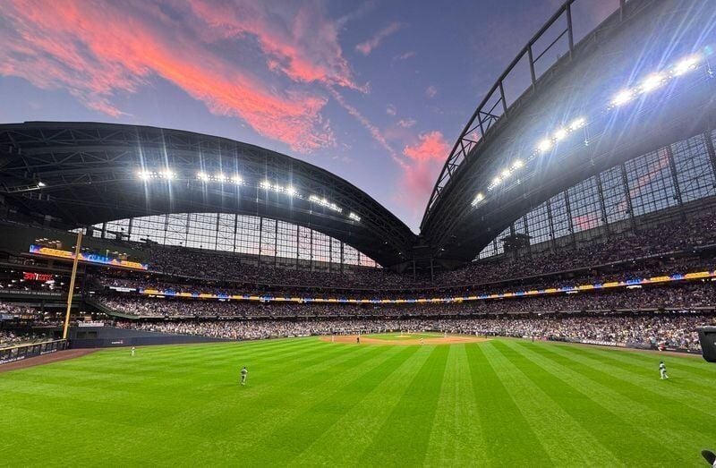 The sun sets over the Milwaukee Brewers National League Championship Series game against the Los Angeles Dodgers at American Family Field on Oct 12, 2026.
