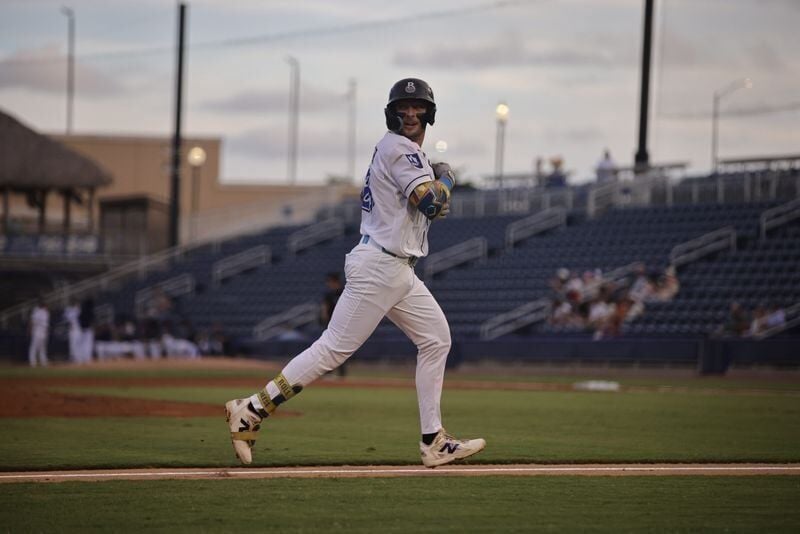 Andrew Fischer celebrates a home run for the Biloxi Shuckers during his remarkable 2026 season.