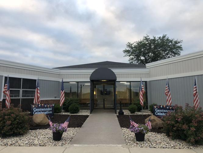 Entrance of Calvary Community Church decorated for its centennial celebration